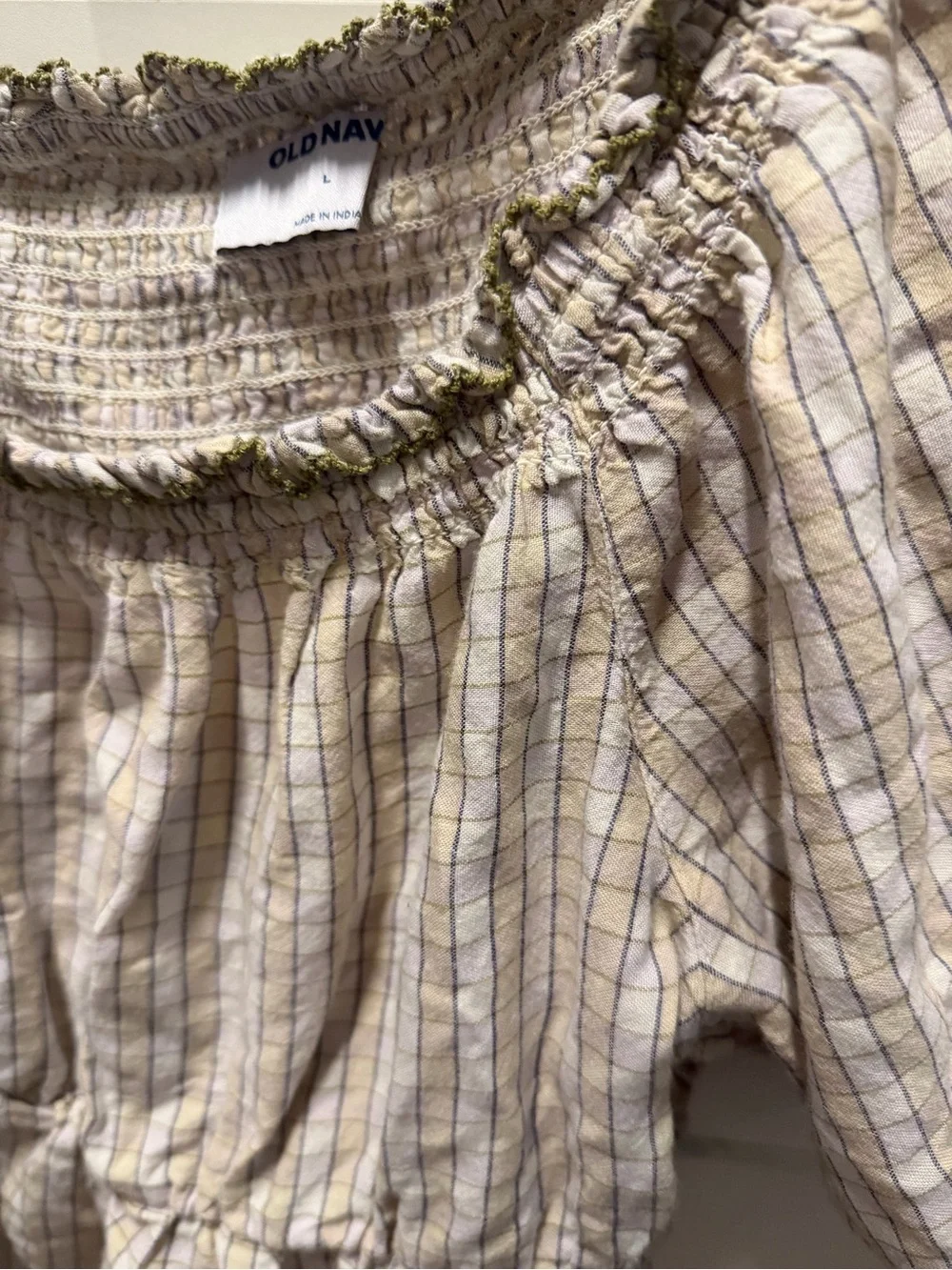 Old Navy Cream and Tan Plaid Smocked Peasant Blouse